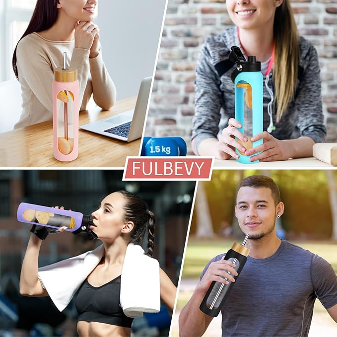 32 oz Glass Water Bottles - 1 Liter Motivational Tumbler Water Bottle Time Marker - Borosilicate Glass Water Bottle With Silicone Sleeve and 2 Lids, Handle Spout & Bamboo Straw Lid