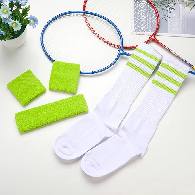 ONUPGO 5 Pieces Sweatbands Striped Socks Set Sports Headband Wristbands High Tube Socks 80s Accessories Costumes