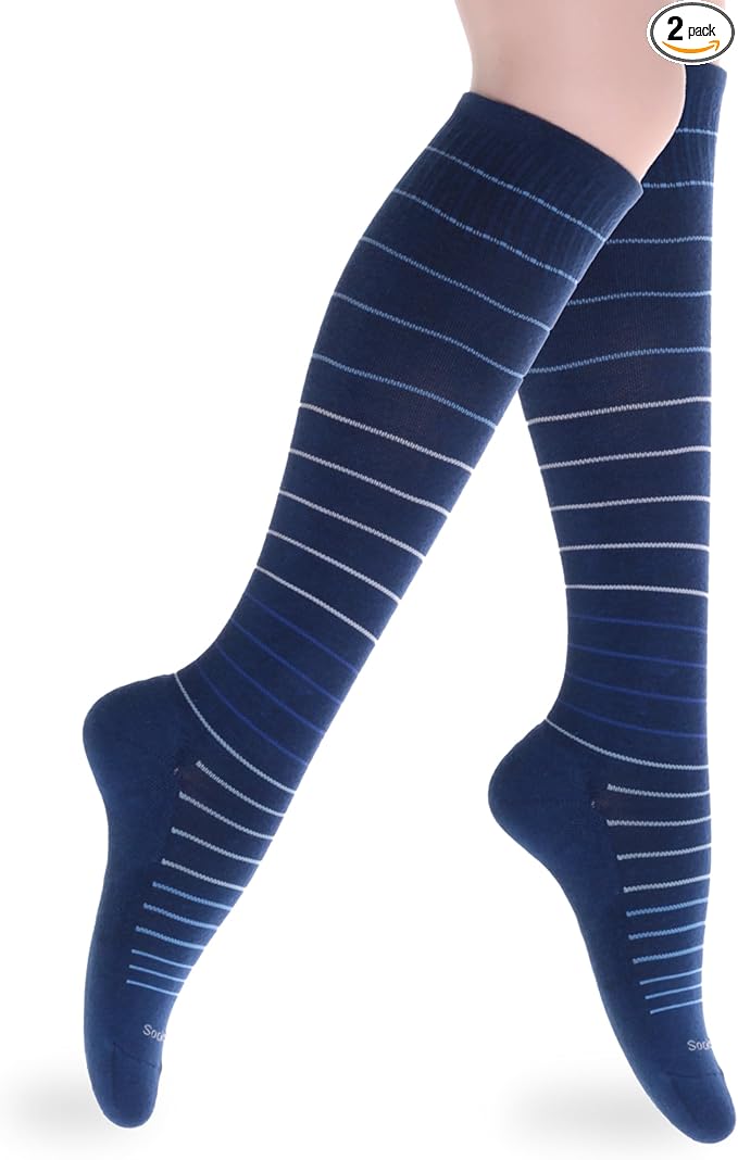 Cotton Compression Socks for Women & Men. 15-20 mmHg Support Knee-High Indigo Stripes M/L