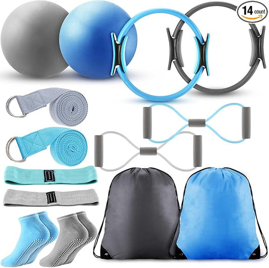 Poen Home Pilates Kit for Women Pilates Equipment Ring and Ball Set with Stretching Strap 8 Resistance Bands Non Slip Socks Gym Back Bags Exercise Equipment for Workout