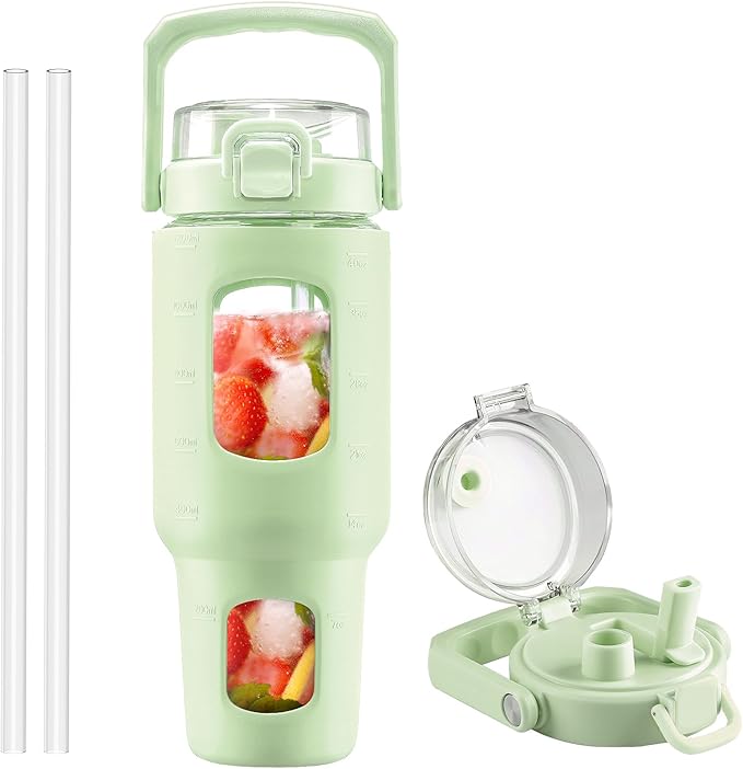 BLUEGO 40 oz Glass Water Bottle with Straw, Leakproof Glass Drinking Bottle with Time Marker and Silicone Sleeve, Wide Mouth for Travel, Gym, Workout, Green