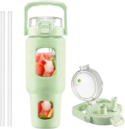 BLUEGO 40 oz Glass Water Bottle with Straw, Leakproof Glass Drinking Bottle with Time Marker and Silicone Sleeve, Wide Mouth for Travel, Gym, Workout, Green