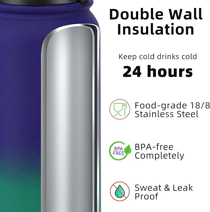 Fanhaw 20 Oz Stainless Steel Insulated Sports Water Bottles with Straw for Kids, Men and Women (Purple Green)