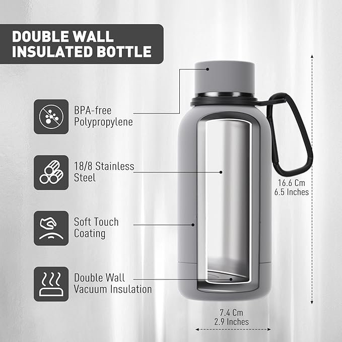 Small Water Bottle 12oz with Clip, Double Wall Stainless Steel Vacuum Small Insulated Water Bottle Keeps Drinks Cold 24 Hrs/Hot 12 Hrs for Kids Handbag School BPA Free (Grey)
