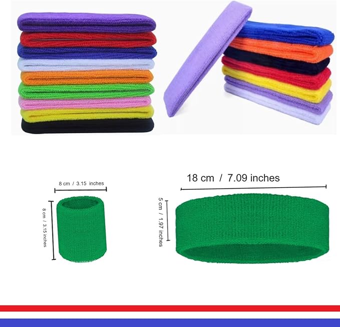 24 Pcs Neon Sweatbands Set Include 8 Pcs Sports Headband and 16 Pcs Cotton Wristbands 80s Neon Sweat Bands Bulk for Gym, Tennis, Basketball, Running, Exercise