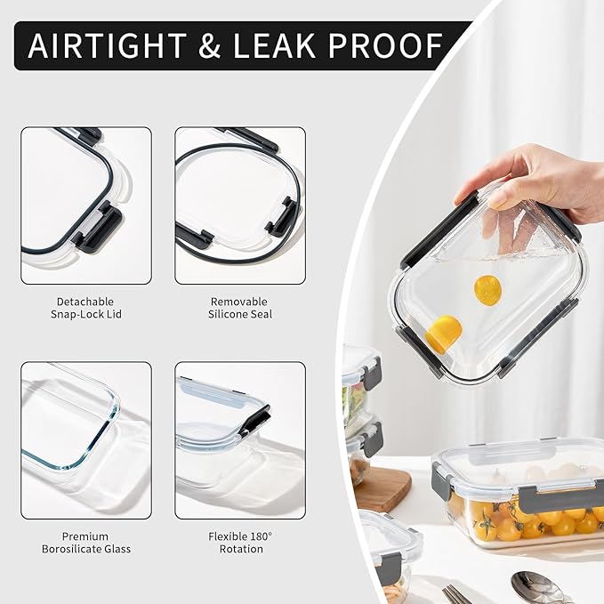 10 Pack 22 oz Glass Meal Prep Containers, Glass Food Storage Containers with Lids, Reusable Airtight Leakproof Lunch Bento Boxes Freezer, Microwave Oven and Dishwasher, Gray