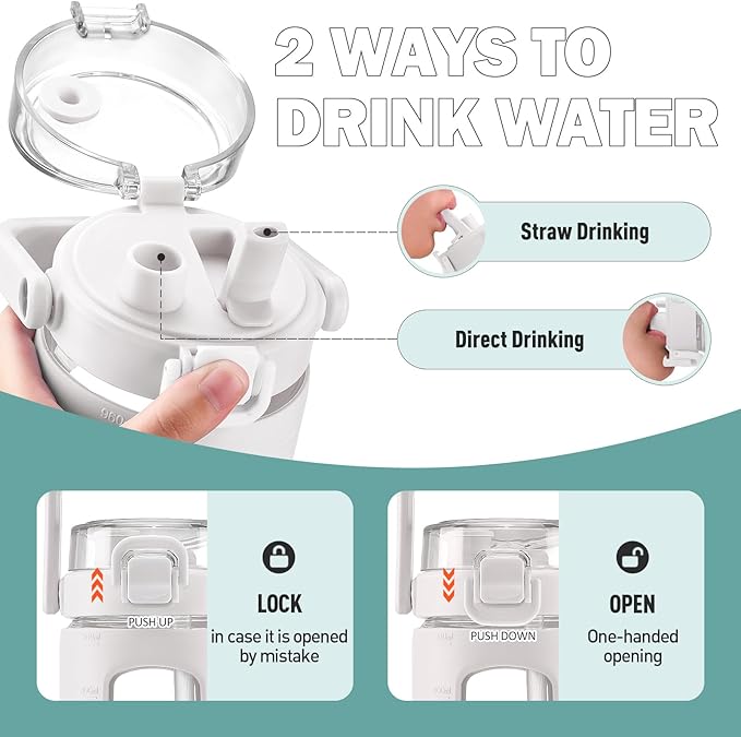 BLUEGO 32oz Glass Tumbler with Lid and Handle, Iced Coffee Cup with Straws, Glass Water Bottle with Silicone Sleeve and Volume, Marker Glass Cup with Time Marking, BPA Free, White