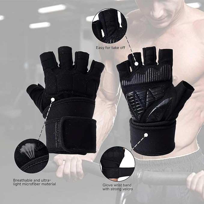 Mens Workout Gloves for Weight Lifting - Exercise Gloves for Men Women With Wrist Wrap Support, Palm Protection and Grips - Sport Daily Use