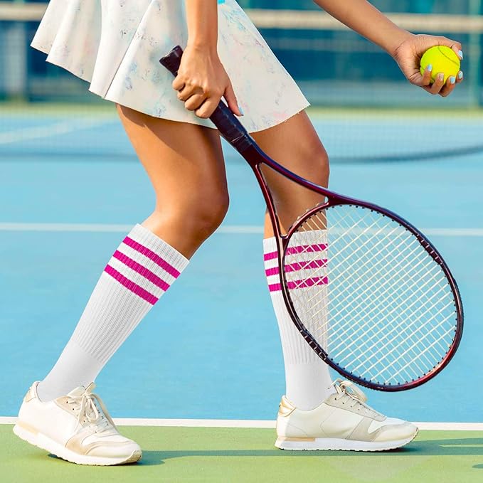 ONUPGO 5 Pieces Sweatbands Striped Socks Set Sports Headband Wristbands High Tube Socks 80s Accessories Costumes