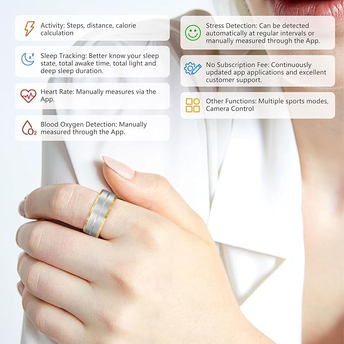 Fitness Tracker Smart Ring,Step Counter,Heart Rate Blood Oxygen Sleep Tracker Health Ring, 6ATM Waterproof Long Battery Life Smart Rings Compatible with iOS & Android （Silver US8-3）