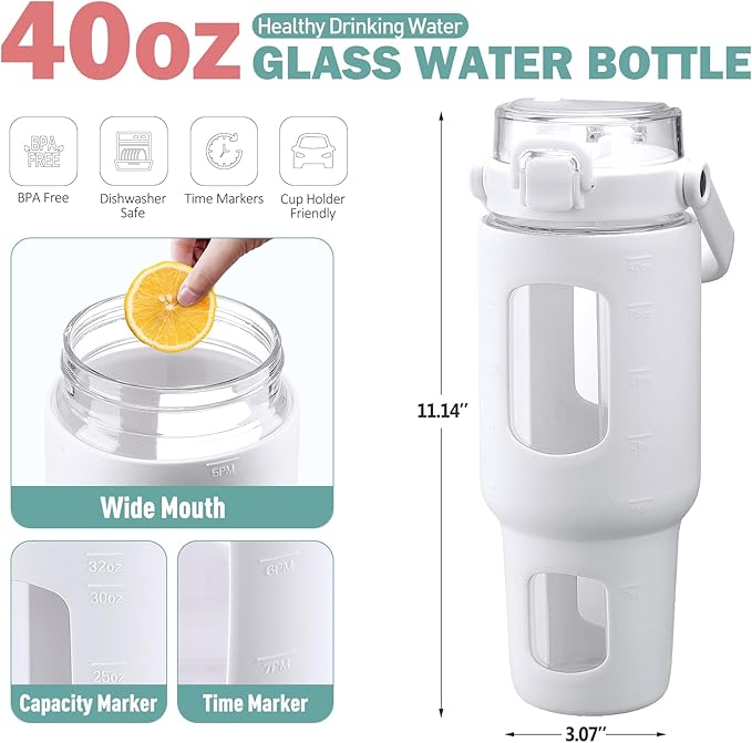 BLUEGO 40 oz Glass Water Bottles with Straw Time Marker, Glass Tumbler with Handle Top Lids, Easy to Clean, Fits in Car Cup Holder, Leakproof Jug for Gym, Sports, Workout & Daily, White