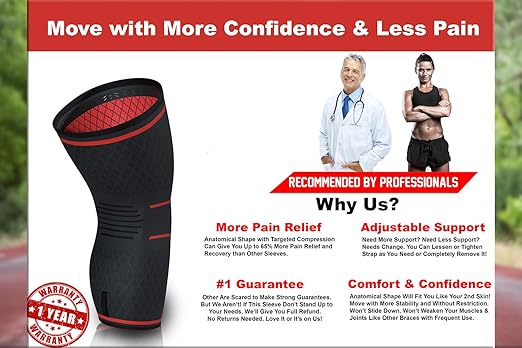 Knee Brace Compression Sleeve with Strap for Best Support & Pain Relief for Meniscus Tear, Arthritis, Running, Basketball, MCL, Jogging & Surgery Recovery for Men & Women (XXL)