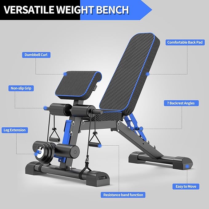 Adjustable Weight Bench – Foldable 800lbs Workout Bench for Full Body Strength Training, Incline/Decline/Flat Bench Press, Sit-Up Bench with Preacher Curl & Leg Extension for Home Gym
