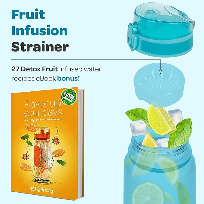 Hydracy Water Bottle with Time Marker -Large BPA Free Water Bottle & No Sweat Sleeve -Leak Proof Gym Bottle with Fruit Infuser Strainer & Times to Drink -Ideal for Fitness Sports & Outdoors