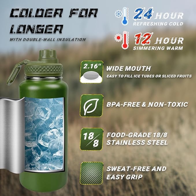 32 oz Water Bottle with Sleeve - Military Green Stainless Steel Metal Insulated Water Jug, Sports Bottle for Gym Hiking Camping Camo Pouch