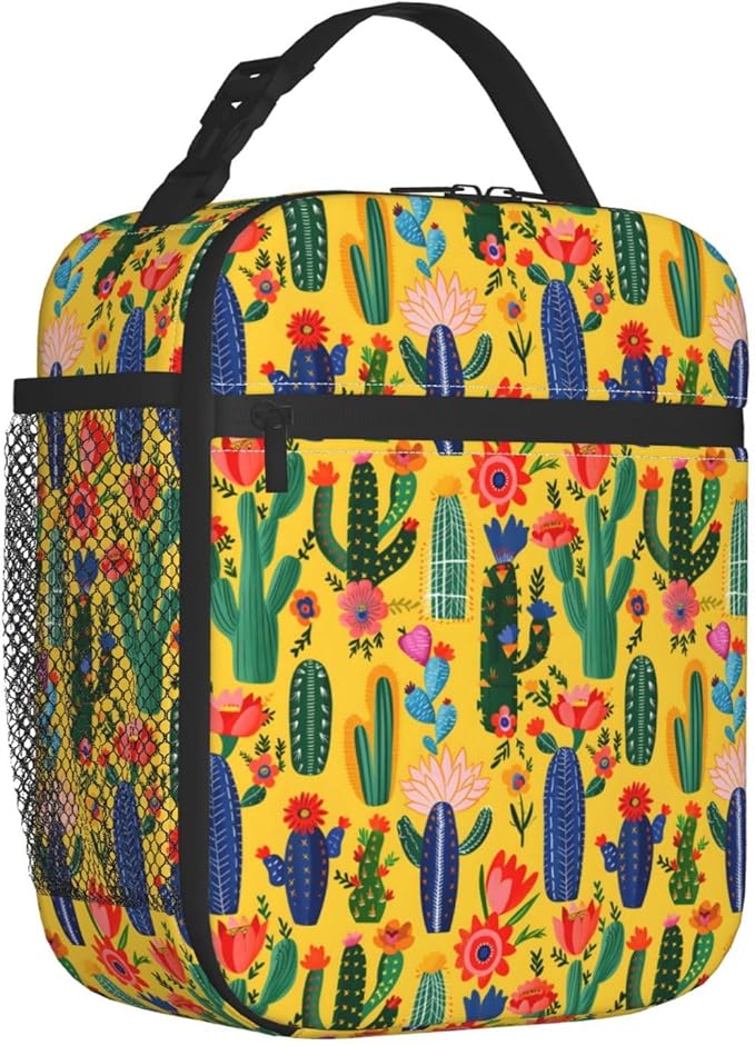 Cactus Lunch Box for Women Adults Kids, Insulated Cooler Lunch Bag for Picnic, School, Office, Travel, Work, Portable Reusable Polyester Tote Thermal Lunch Bags (Colorful Cactus)
