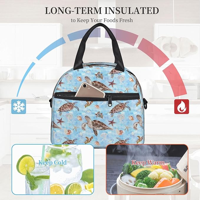 Sea turtles Reusable Insulated Lunch Box Waterproof Lunch Bag with Detachable and Adjustable Shoulder Strap for Office Picnic or Travel