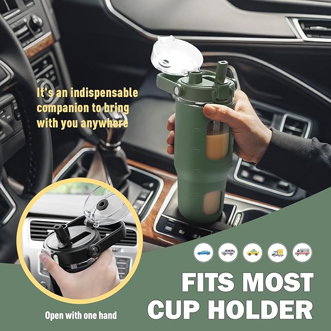 BLUEGO 32oz Glass Water Bottles with Straw Time Marker Half Gallon Large Motivational Water Bottle with Silicone Sleeve 2 Liter Large Glass Water Jug for Gym, Sports& Workout, Daily, 02 Olive