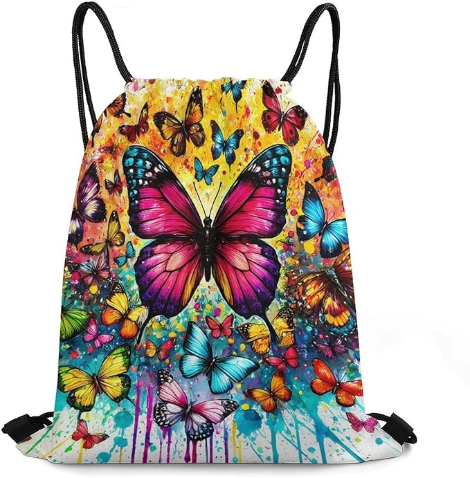Butterfly Drawstring Backpack - Cute Cinch Sack, String Backpacks for Kids Boys Girls Women Men for Gym Outdoor Sports Travel Athletic Drawstring Bag - Lightweight/Foldable