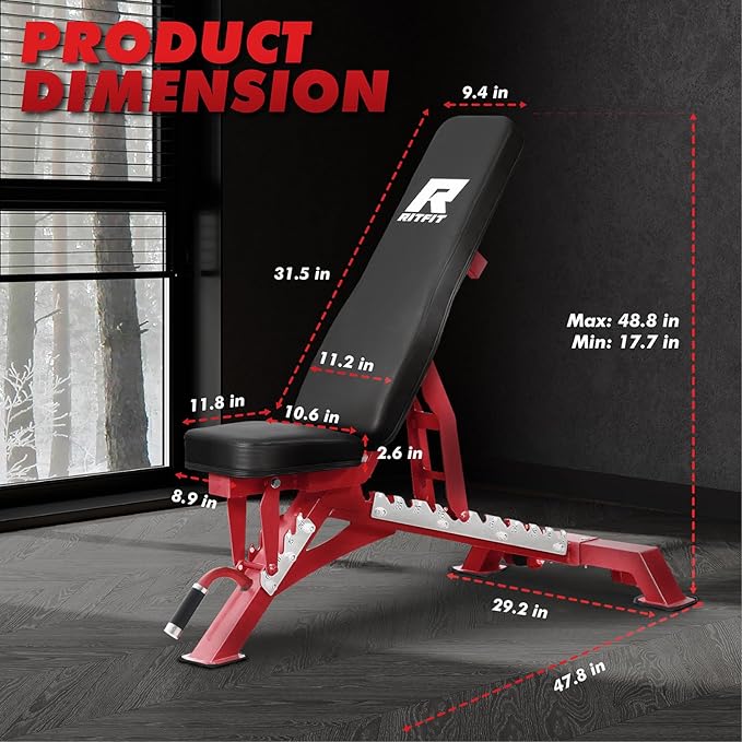 RITFIT Adjustable Weight Bench with Multiple Back Positions for Full Body Workouts, Incline, Decline, and Flat Settings for Home Gym Strength Training, 1300LB Capacity