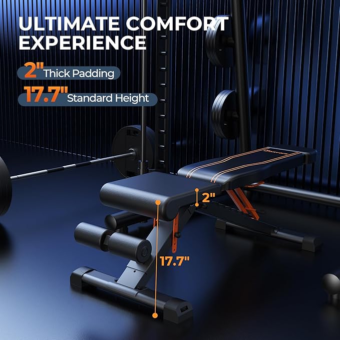 1000LBS Adjustable Weight Bench - Foldable Workout Bench Press with 36" Extended Backrest for Home Gym Strength Training,Folding Flat Incline Bench with 80x40MM Steel for Full Body Exercise