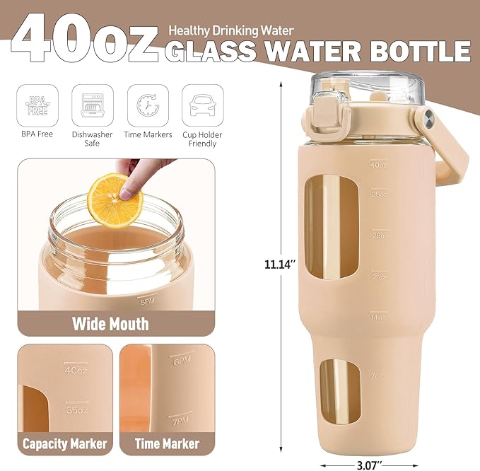 BLUEGO 40oz Glass Tumbler with Lid and Straw, Glass Water Bottles with Handle, Glass Cup with Time Marker and Silicone Sleeve, Fits Most Cup Holder, Leak-proof, Amber