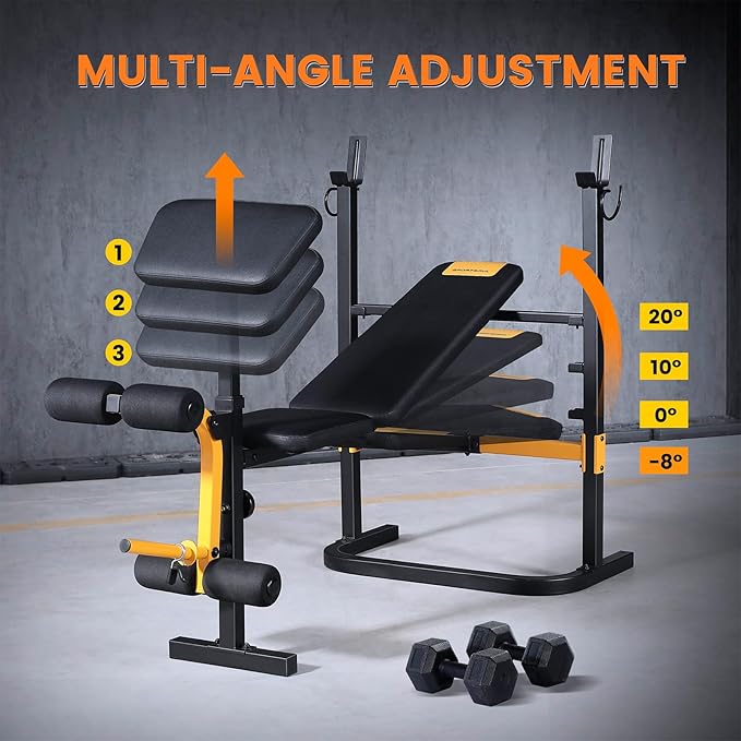 SPORTSOUL Adjustable Weight Bench Press Set with Squat Rack Dual Function Leg Exercises Preacher Curl Rack Pad Strength Training for Home Gym Full Body Workout Multi-functional, Balck and yellow