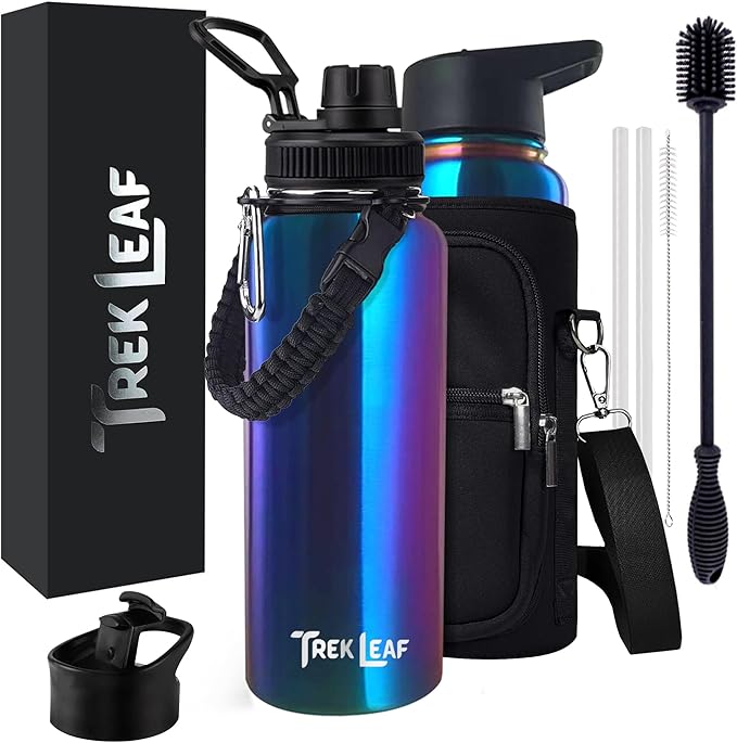 Travel Water Bottle with 3 Lids (Spout, Straw, Flip) Leak Proof, Quality, Vacuum Insulated, Stainless Steel (Twilight, 32 oz)