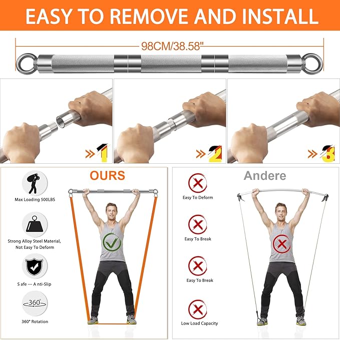 DASKING Detachable Resistance Bands Bar 30"/35.4"/38.5" Length Max Load 500LBS for Home Gym Full Body Workout Fitness Bar