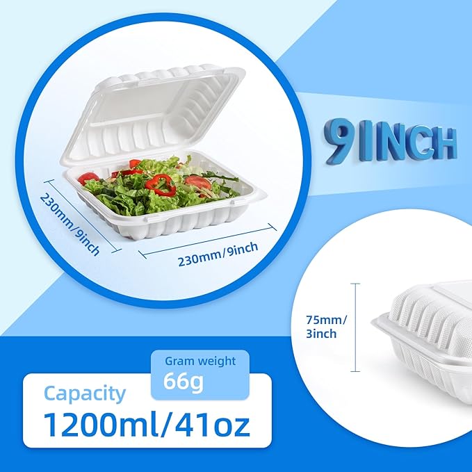 YANGRUI Food Containers 9 Inch 41 oz 100 Pack - Shrink Wrapped Sanitary | Mineral Filled BPA Free PP Plastic | Reusable Heavy Duty Freezer & Microwave Safe | Stackable Design Takeout Container