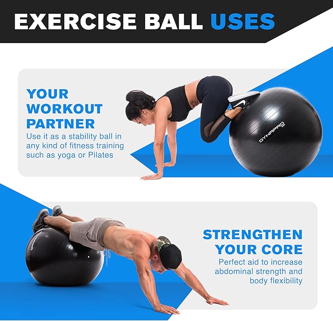 DYNAPRO Exercise Ball Extra Thick Eco-Friendly & Anti-Burst Material Supports over 2200lbs, Stability Ball for Home, Yoga, Gym, Birthing, Physio, Swiss, Physical Therapy or Pregnancy