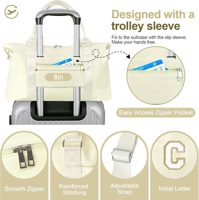 Dance Gym Duffel Bag for Teen Girls, Personalized Initial Travel Weekender Bag,Cute Overnight Carry On Duffle for Women,Sports Travel Cheer Bag,Monogram Christmas Gifts for Tween Preppy(beige-C)