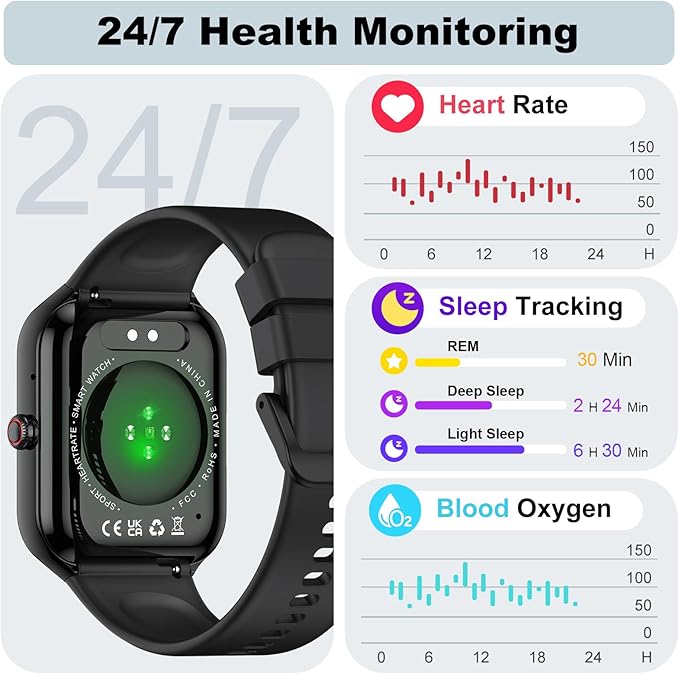 Smart Watch for Men Women, 1.96" Smartwatch (Answer/Make Call), Fitness Tracker IP68 Waterproof, 100+ Sport Modes, Heart Rate and Sleep Monitor, Pedometer, Smartwatches for Android iOS