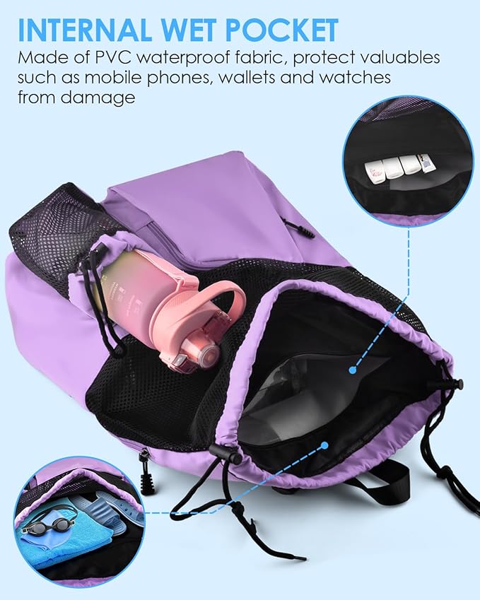 BROTOU Swim Bag Beach Backpack with Wet Pocket Mesh Drawstring Bags for Swimming, Gym