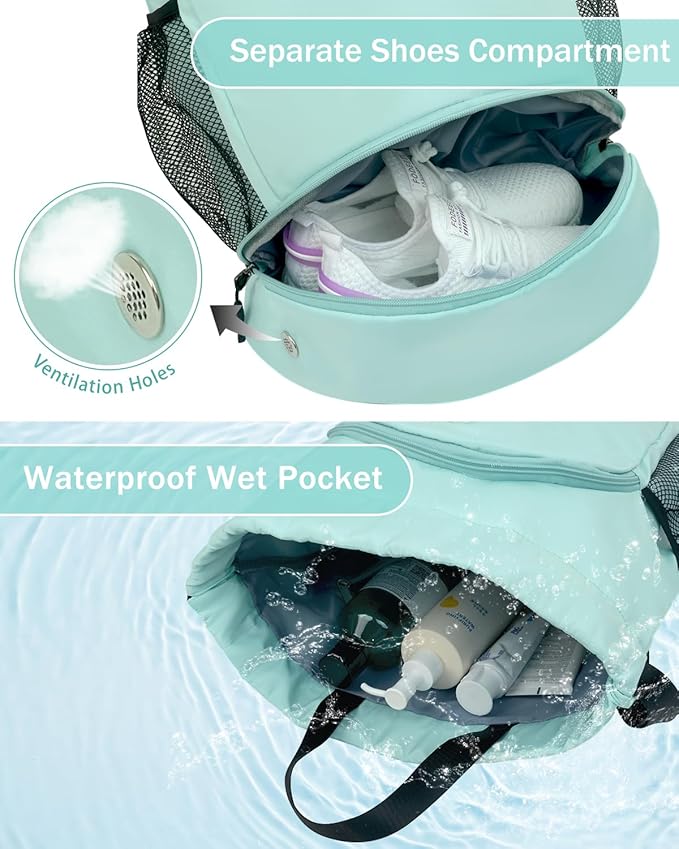 Drawstring Backpack Gym Backpack with Shoe Compartment for Men Women String Sports Bag with Wet Pocket Cinch Swim Beach Bag, Mint Green (Patent Pending)