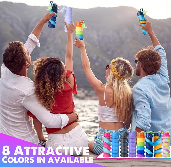 8 Pcs Collapsible Water Bottles Silicone Travel 16 oz Reusable Leakproof Foldable Water Bottles with Clip for Camping Hiking Cycling Travel Gym Yoga Outdoor Sports