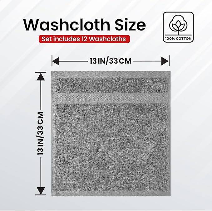 Infinitee Xclusives Luxury Wash Cloths for Showering [13x13] – 100% Cotton Washcloths [Pack of 12], Soft and Absorbent Face Towels for Bathroom Wash Clothes, Gym, and Spa (Charming Grey)