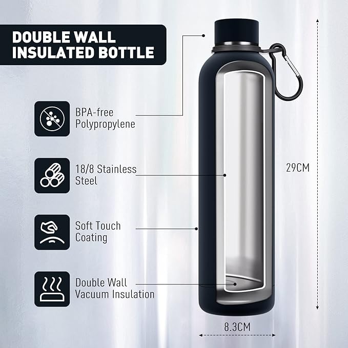 Slim Insulated Water Bottles for Travel 32oz with Clip, Double Wall Vacuum Stainless Steel Water Bottle Keeps Drinks Cold 24 Hrs/Hot 12 Hrs, 100% Leakproof, BPA Free (Black)