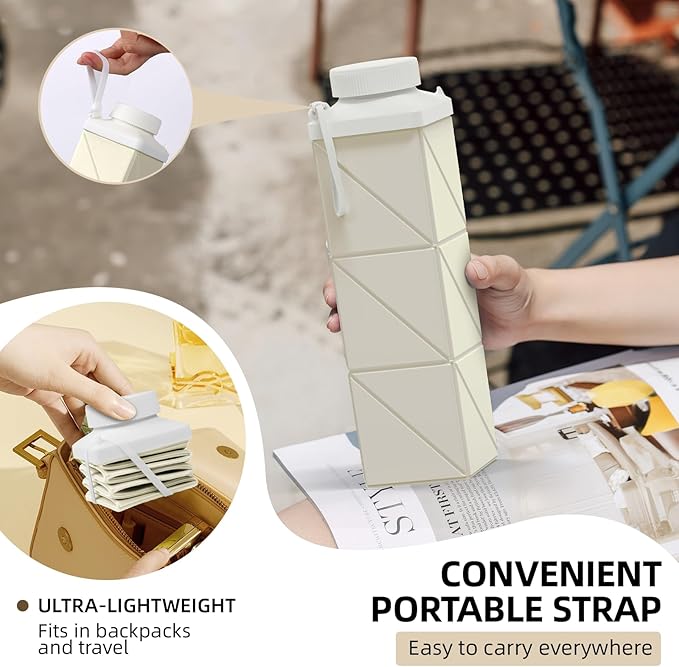 24oz Collapsible Water Bottles–Food-Grade,BPA-Free,Leakproof,Lightweight,Foldable Design Perfect For Travel,Hiking,Camping,Gym,Sports Bottle,Reusable Compact,Ideal Hydration Companion Beige