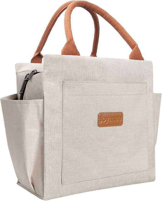 Joymee Lunch Bag Women Insulated Lunch Box Reusable Leakproof Large Spacious Cooler Tote for Women Men Adult with Bottle Holder and Side Pockets for Work Office Travel Picnic - Beige