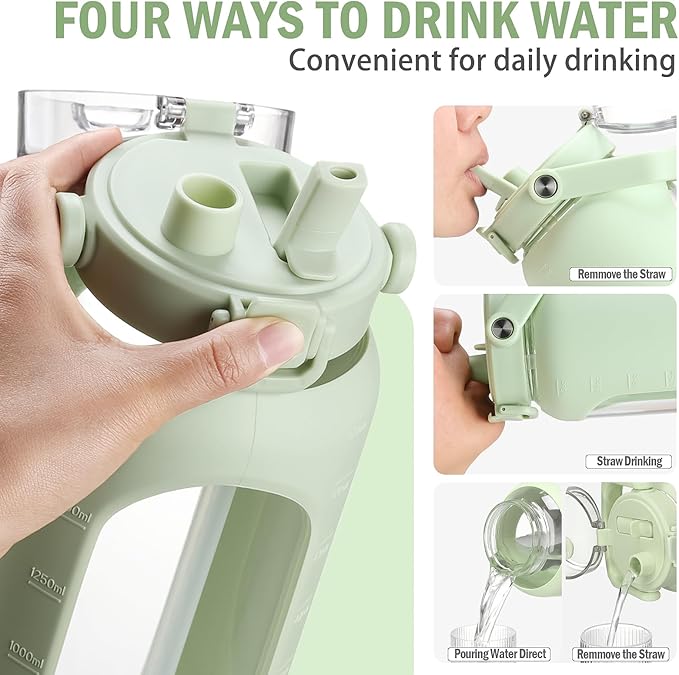 BLUEGO 64oz Glass Water Bottles with Straw Time Marker Half Gallon Large Motivational Water Bottle with Silicone Sleeve 2 Liter Large Glass Water Jug for Gym, Sports& Workout, Daily, Green