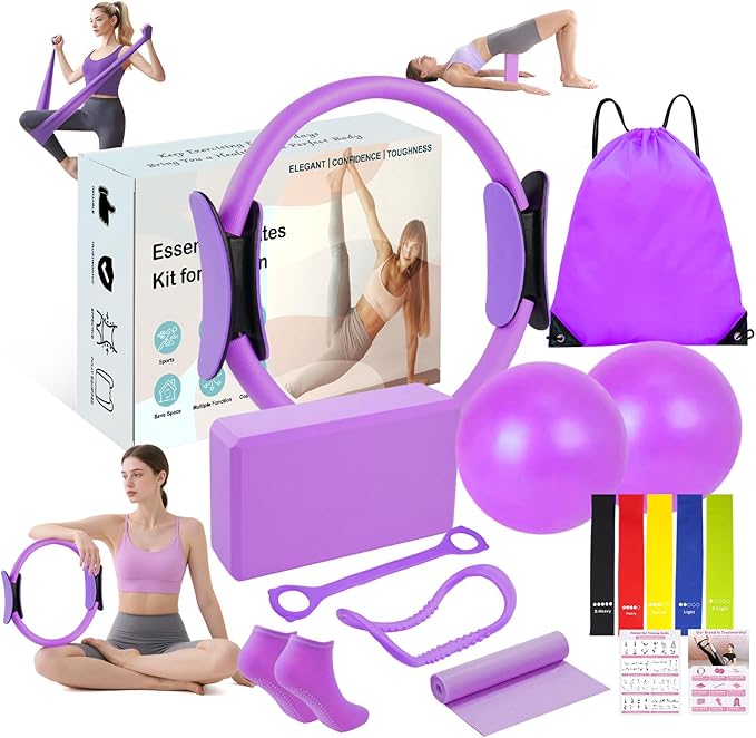 Pilates Kit for Women, Home Pilates Equipment Set with Pilates Ring and 2 Ball, 5 Resistance Bands, Yoga Block,Full Body Core & Flexibility Training,14-in-1 Portable Durable At Home Pilates Kit