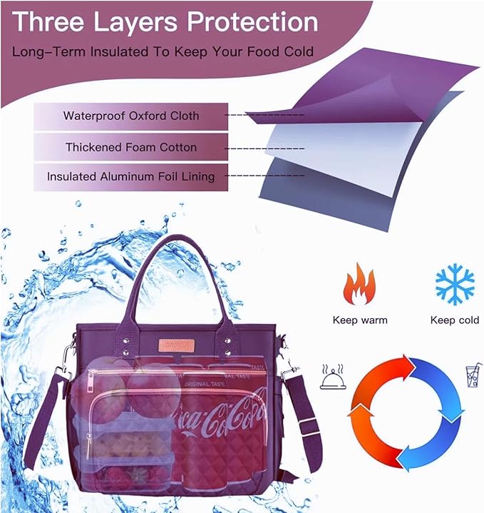 EASYA Large Women Lunch Bags for Work Insulated/Insulated Adult Lunch Box for Womens/Nylon Thermal Lunch Bag for Women/Leakproof Cooler Lunch Tote Bag with Storage Pocket (Mirage Purple)