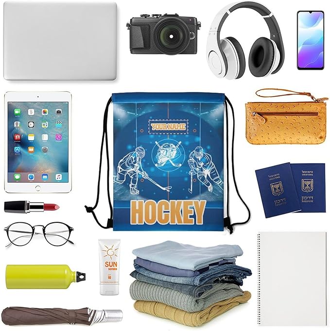 Custom Hockey Drawstring Backpack - Cool Cinch Sack, String Backpacks for Kids Women Men Boys Girls for Gym Outdoor Sports Travel Athletic Drawstring Bag - Lightweight/Foldable