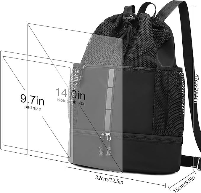 Drawstring Backpack with Mesh Pockets String Gym Bag Sackpack Sandproof Water Resistant Beach Backpack for Men Women