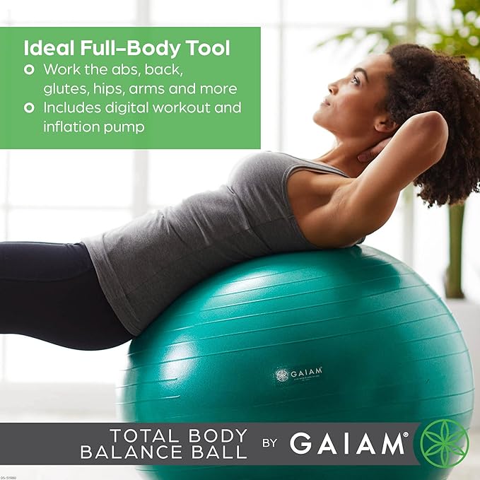 Gaiam Total Body Exercise Balance Stability Yoga Ball, Anti-Burst with Air Pump for Home, Office Chair, and Fitness - Various Sizes