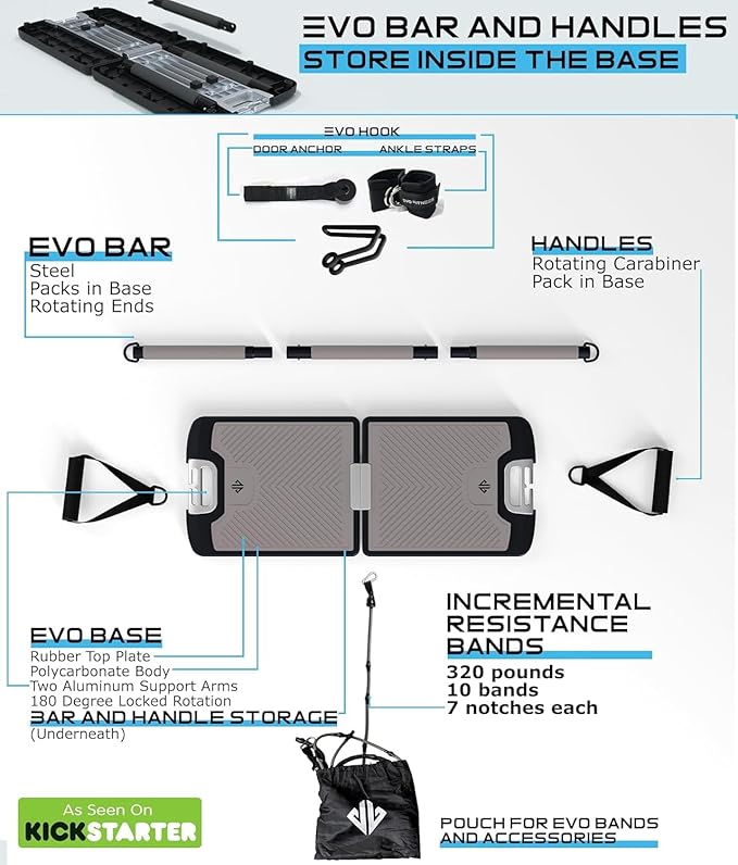 EVO Gym - Portable Home Gym Strength Training Equipment, at Home Gym | All in One Gym - Resistance Bands, Base Holds Gym Bar & Handles for Travel | Portable Gym & Home Exercise Equipment