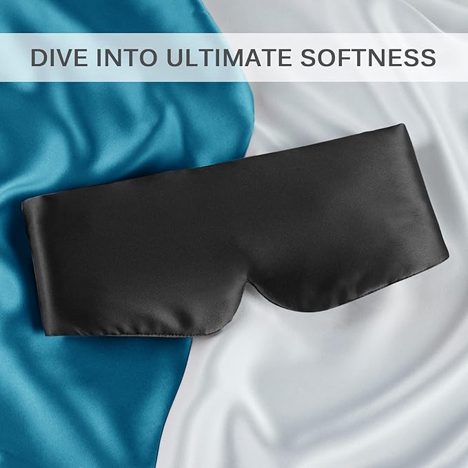 Zenssia 100% Mulberry Silk Sleep Mask Eye Mask for Man and Woman with Adjustable Headband, Full Size Large Sleep Mask & Blindfold for Total Blackout for All Night Sleep, Travel & Nap- Black