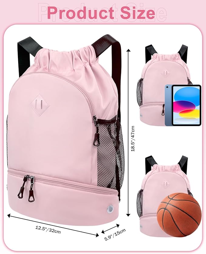 Drawstring Backpack Gym Backpack with Shoe Compartment for Men Women String Sports Bag with Wet Pocket Cinch Swim Beach Bag, Pink (Patent Pending)