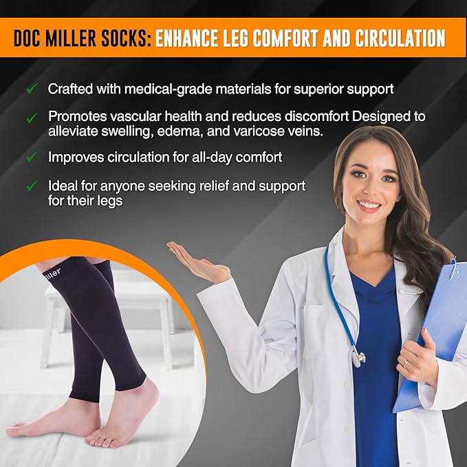 Doc Miller Compression Calf Sleeve for Men & Women, Premium Medical Grade, 15-20mmHg Graduated Support for Running, Calf Tear, Shin Splints, Knee High, Calf Sleeves, 1 Pair